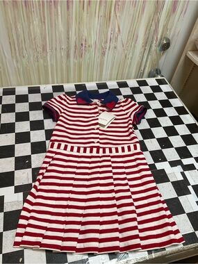 Gucci Red and White Striped Knit Dress with Navy Collar Hearts